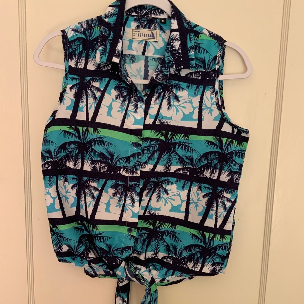 SEASPICE Beach Print Sleeveless Blouse, Sz S